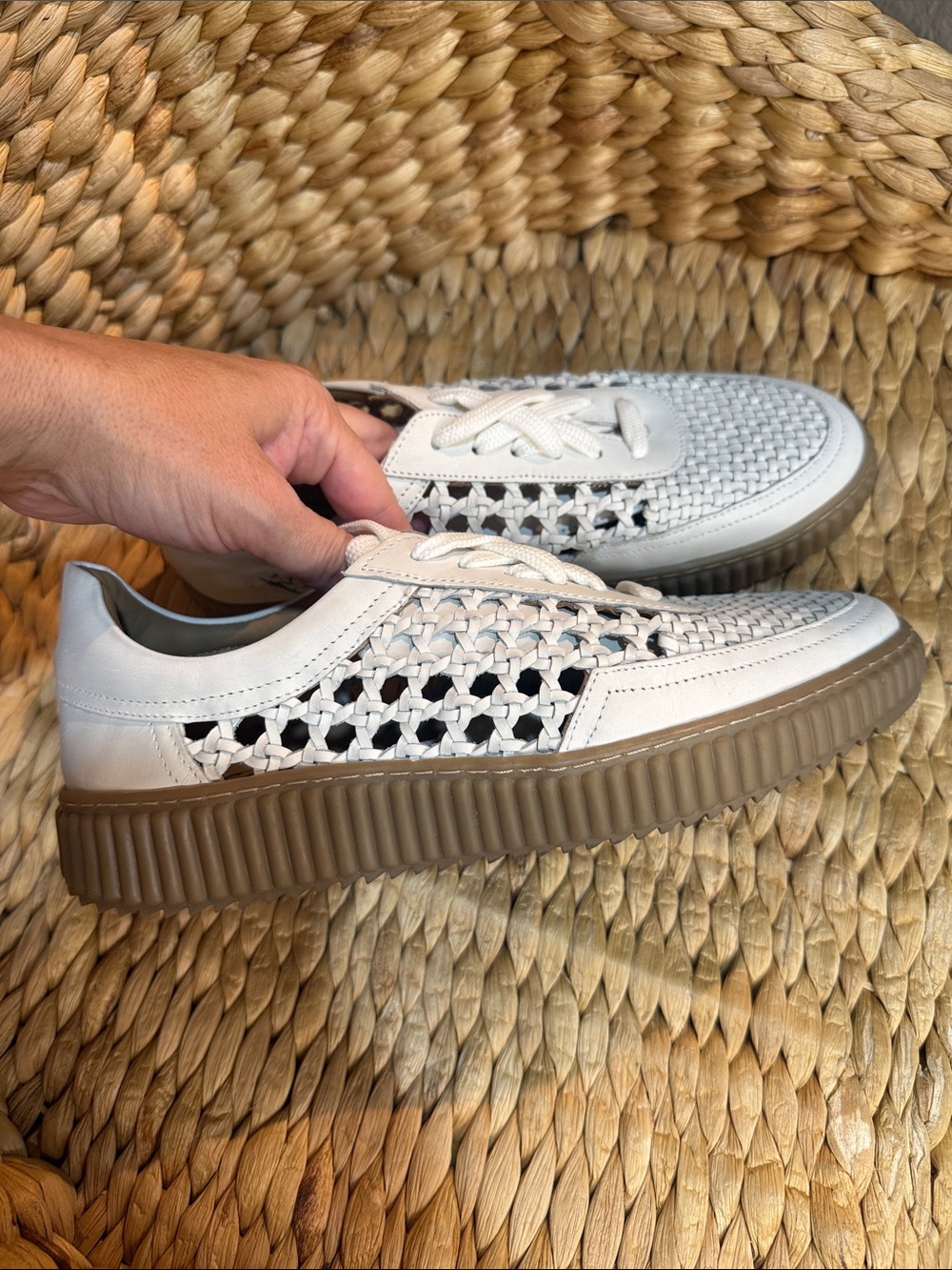 Free People White Woven Leather Sneakers with Brown Sole